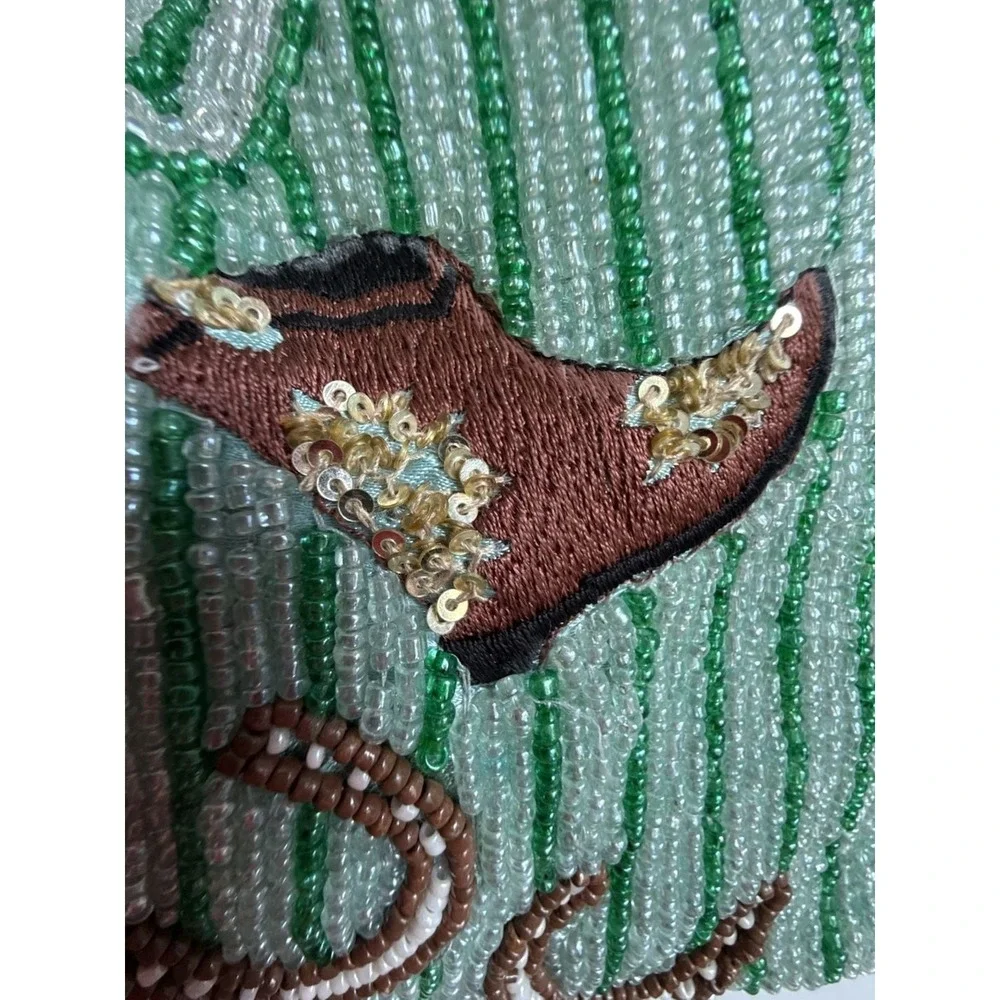 Handcrafted  India Beaded Western Drawstring Pouch Bag Cactus Cowboy Boot Green - Picture 4 of 10